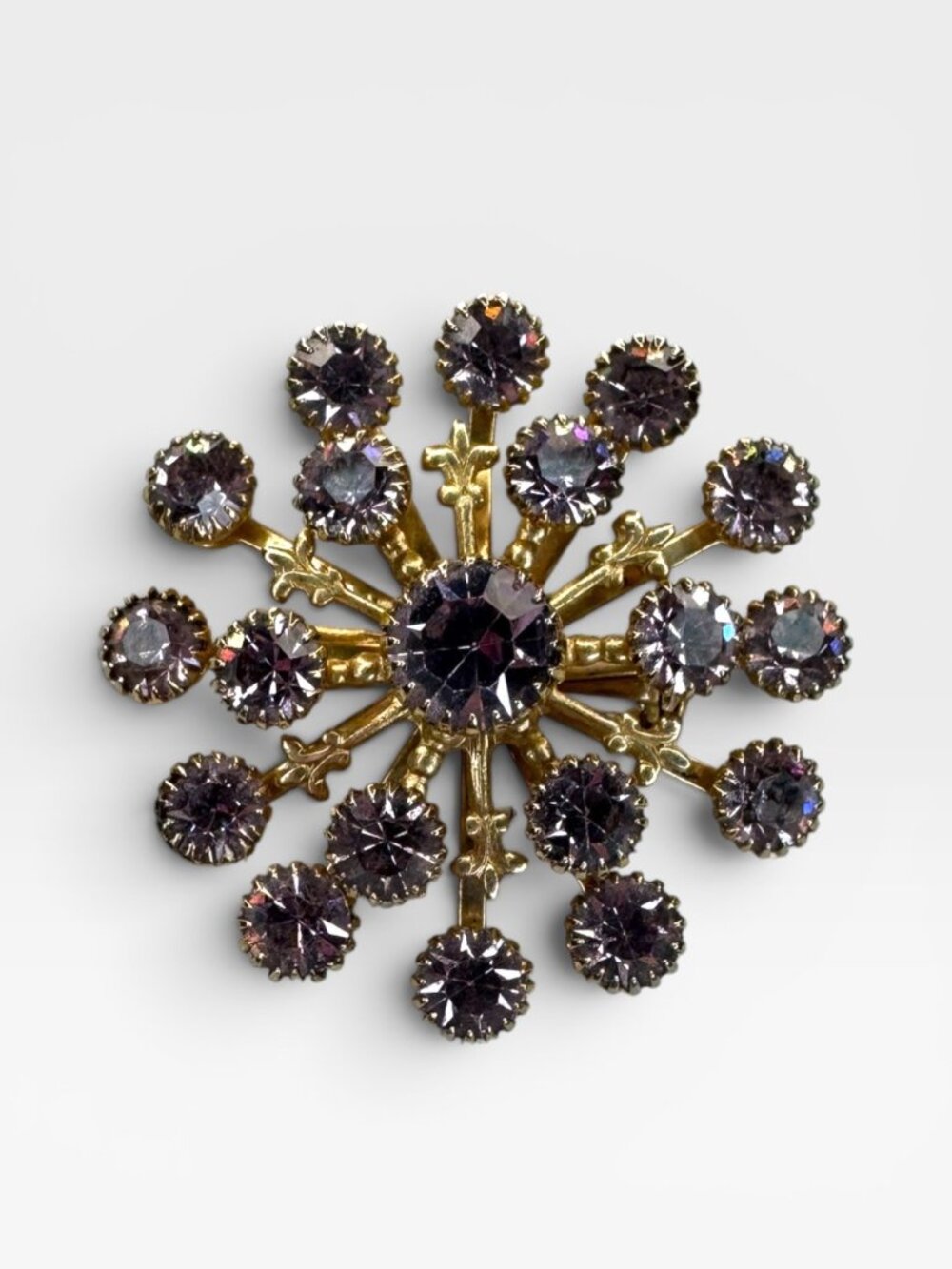 Lavender Crystal Starburst Snowflake Brooch Gold Tone Rhinestone Pin